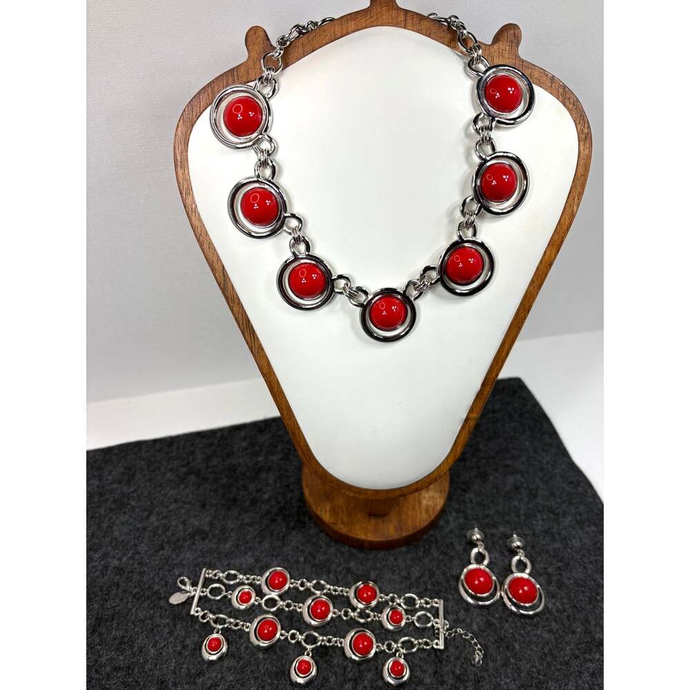 WHBM Red Cabochon Circle Jewelry Set Statement Necklace Bracelet Earrings Signed